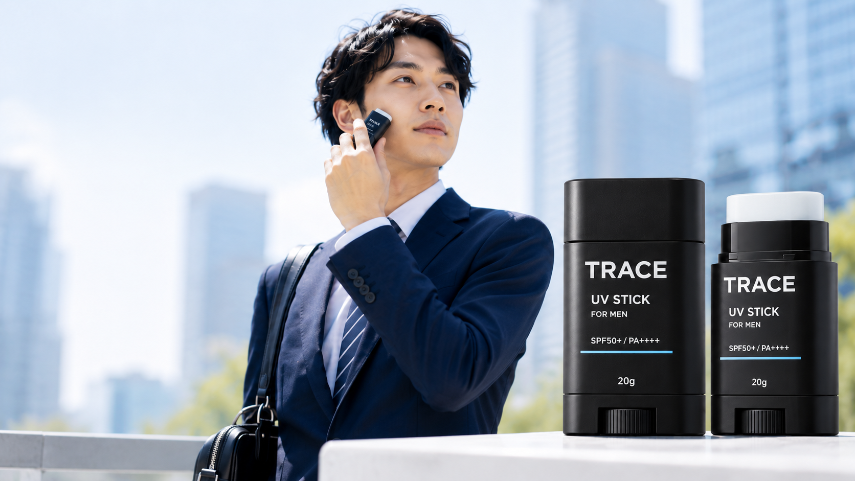 屋外でスマートフォンを手にするビジネスパーソンとTRACE UV STICK