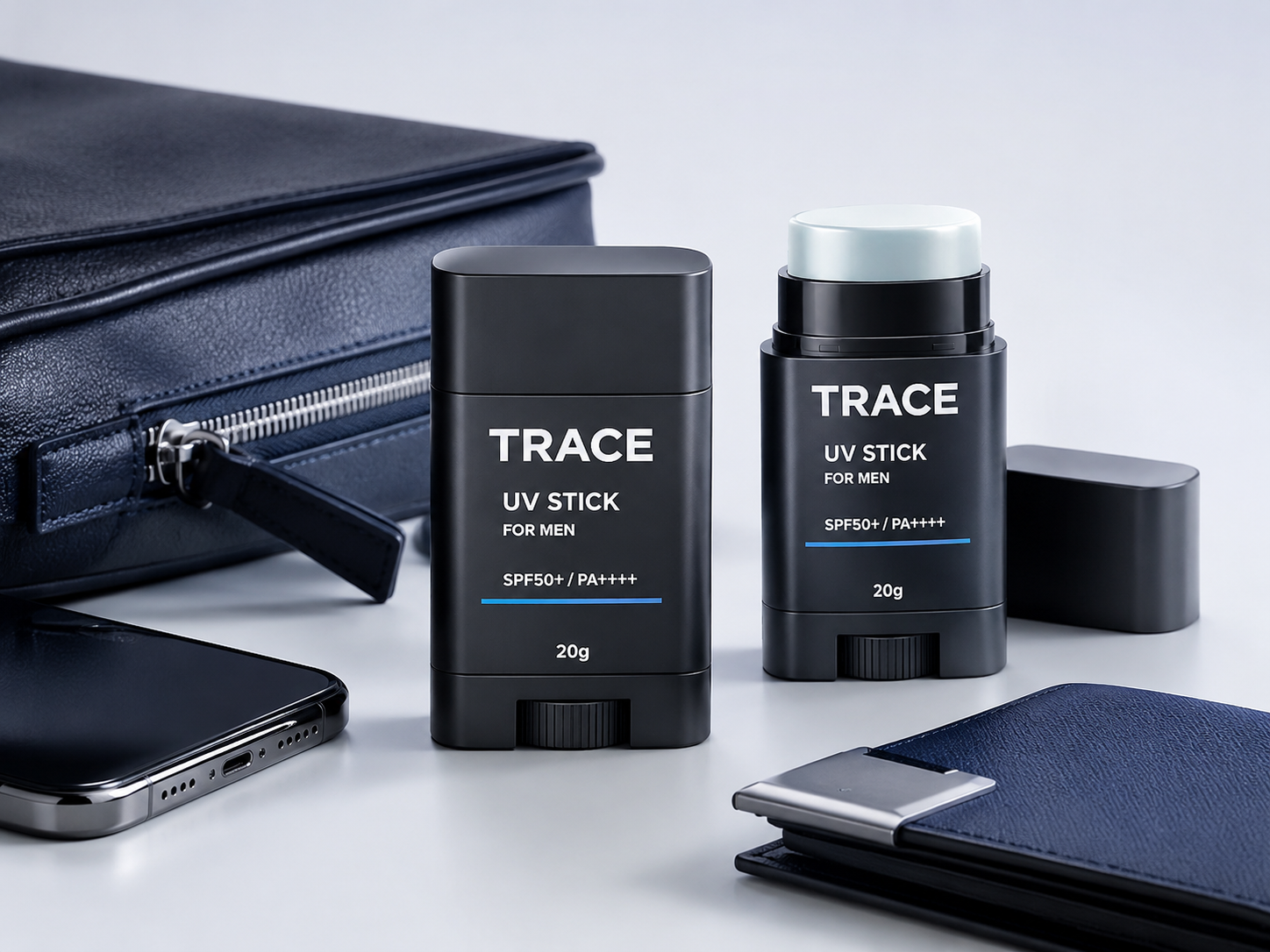 TRACE UV STICKと営業鞄、スマートフォン、財布